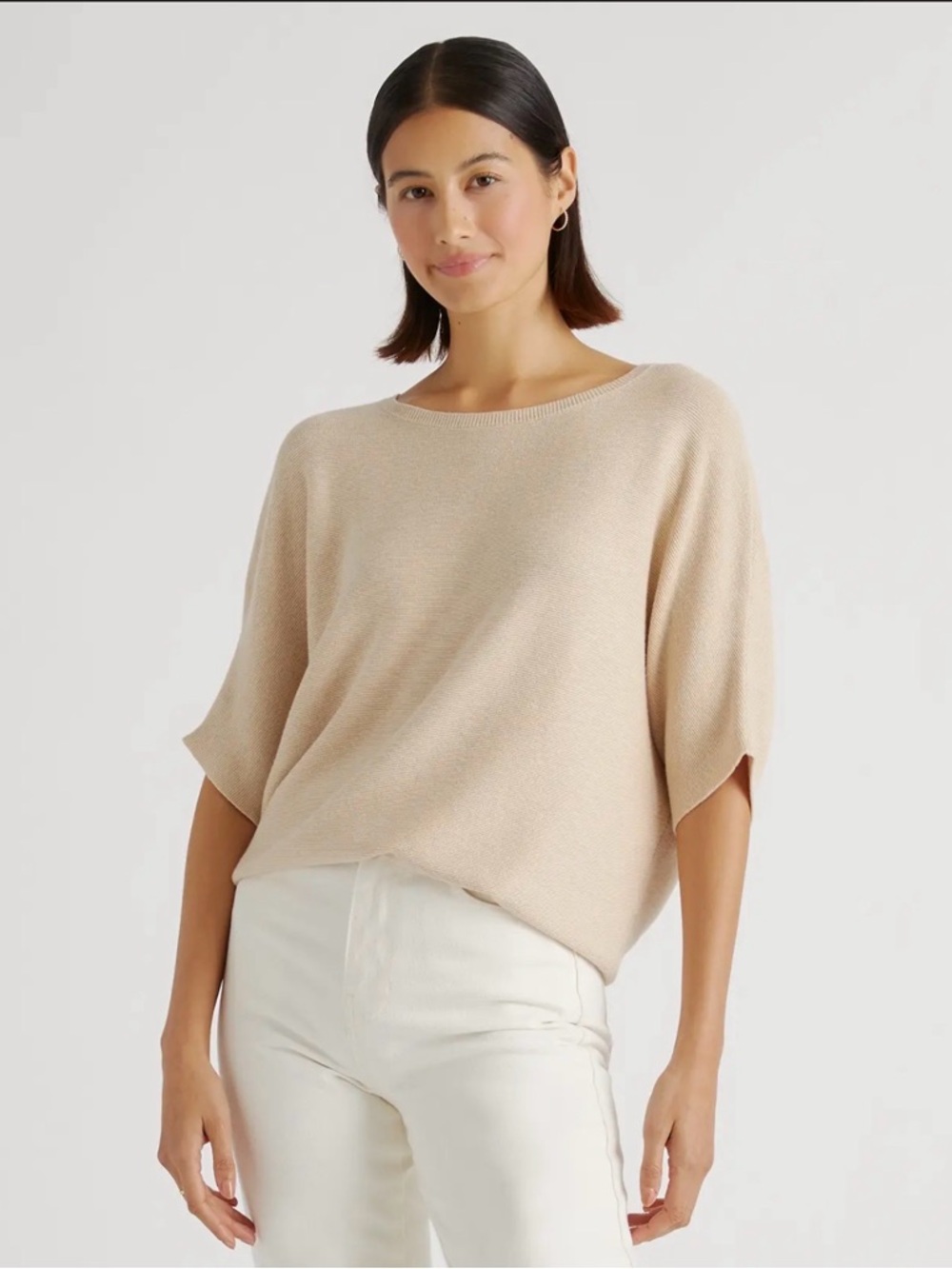 Quince Cream Short-Sleeve Crewneck Dolman Sweater